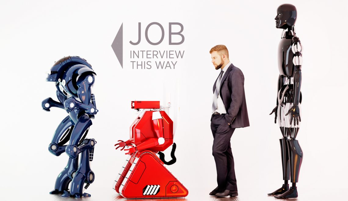 A man waiting in line between robots on a job interview. 3D rendering.
